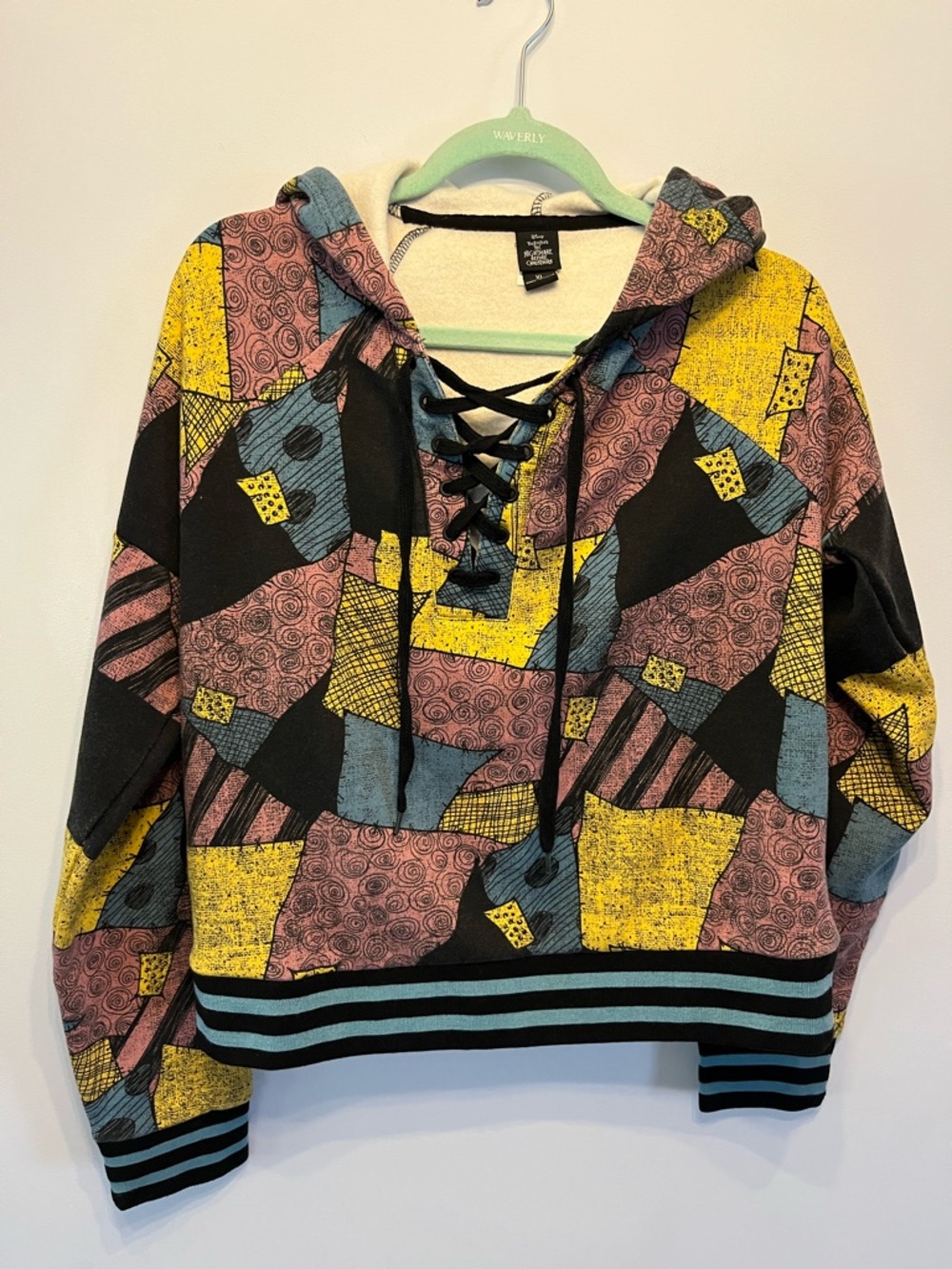 By DISNEY. Lace-Up Patchwork Print Hoodie Sweater - TIM BURTON